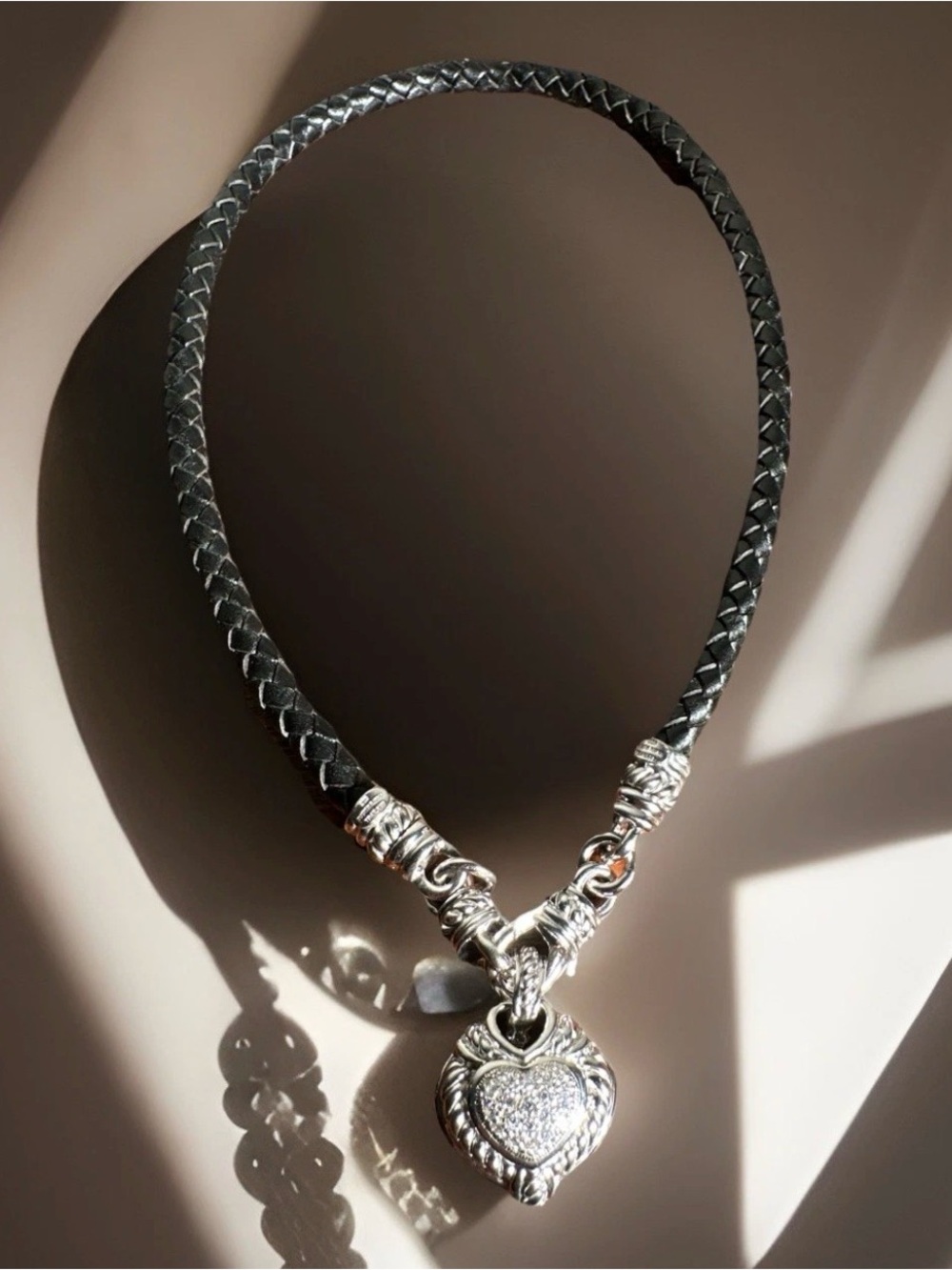 Judith Ripka Sterling Silver Braided Leather Necklace & Puffy Heart Pendant 18”